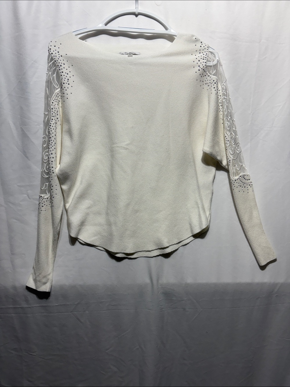 Vila Milano Cream Scoop-Neck Sweater with Lace-Embellished Sleeves